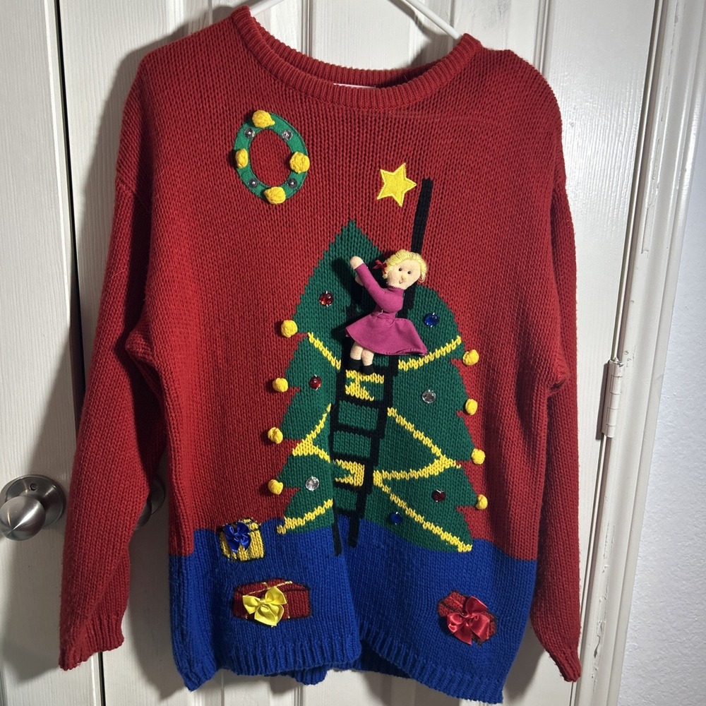 Vintage Pinwheels Christmas Sweater Tree, Angel, Beaded, Shoulder Pads SIze L